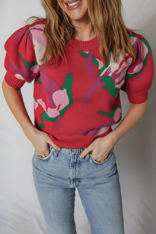 Floral Abstract Short Puff Sleeve Sweater