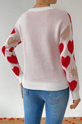 Round Neck Heart Shape Pearl Beads Knit Sweater by Jade Icarus