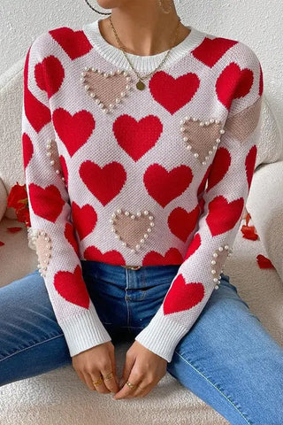 Round Neck Heart Shape Pearl Beads Knit Sweater by Jade Icarus