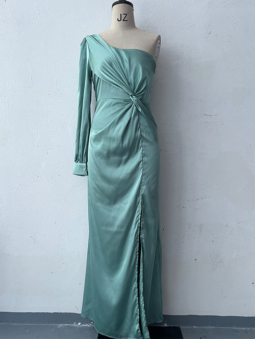 Women's One-shoulder Split Dress Ins Fashion Long-sleeved Slim Long