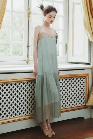 Mint Minuet Silk Dress with Gold Lace Trim by Fangyan