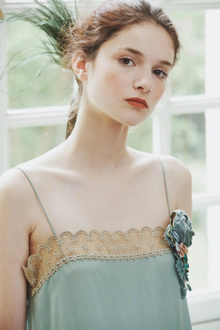 Mint Minuet Silk Dress with Gold Lace Trim by Fangyan
