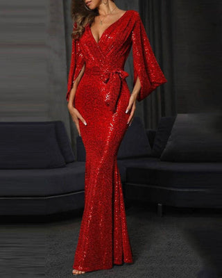 Red Flutter Sleeve Evening Gown