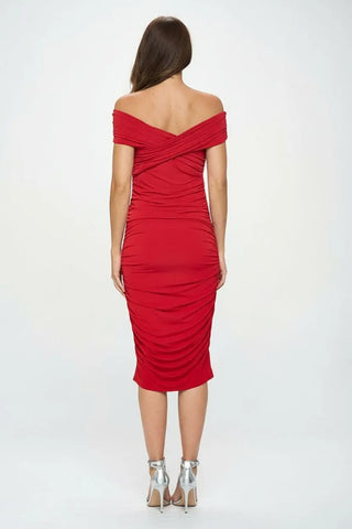 Bold Red Off-Shoulder Bodycon Dress by Jade Icarus