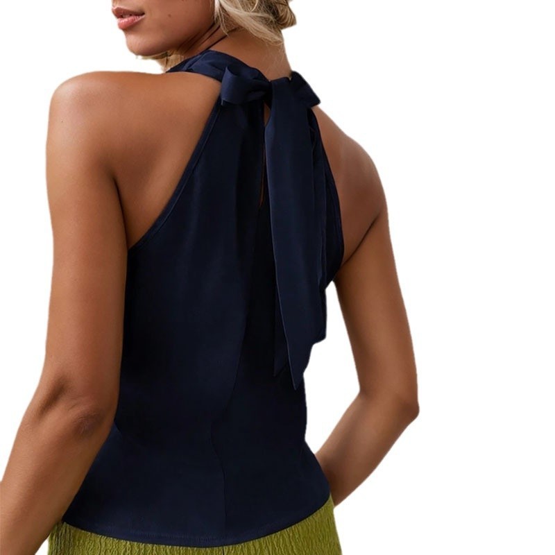 Women Solid Color Swing Collar Sleeveless Vest Trendy Elegant Shirt