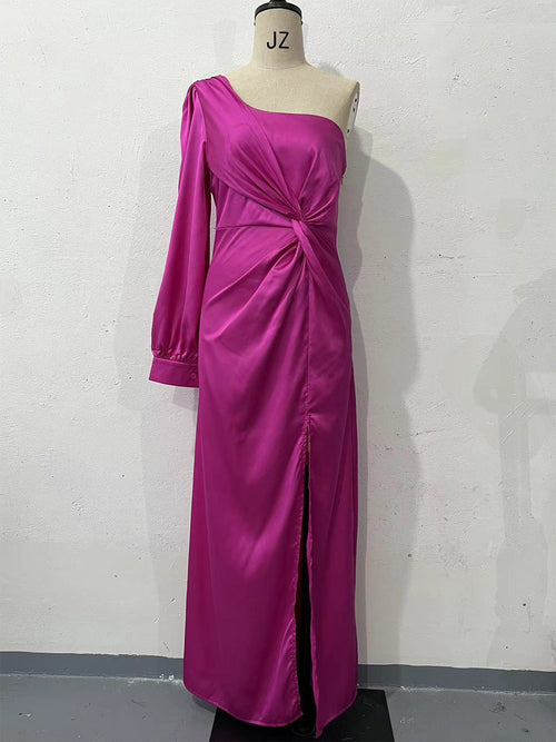 Women's One-shoulder Split Dress Ins Fashion Long-sleeved Slim Long