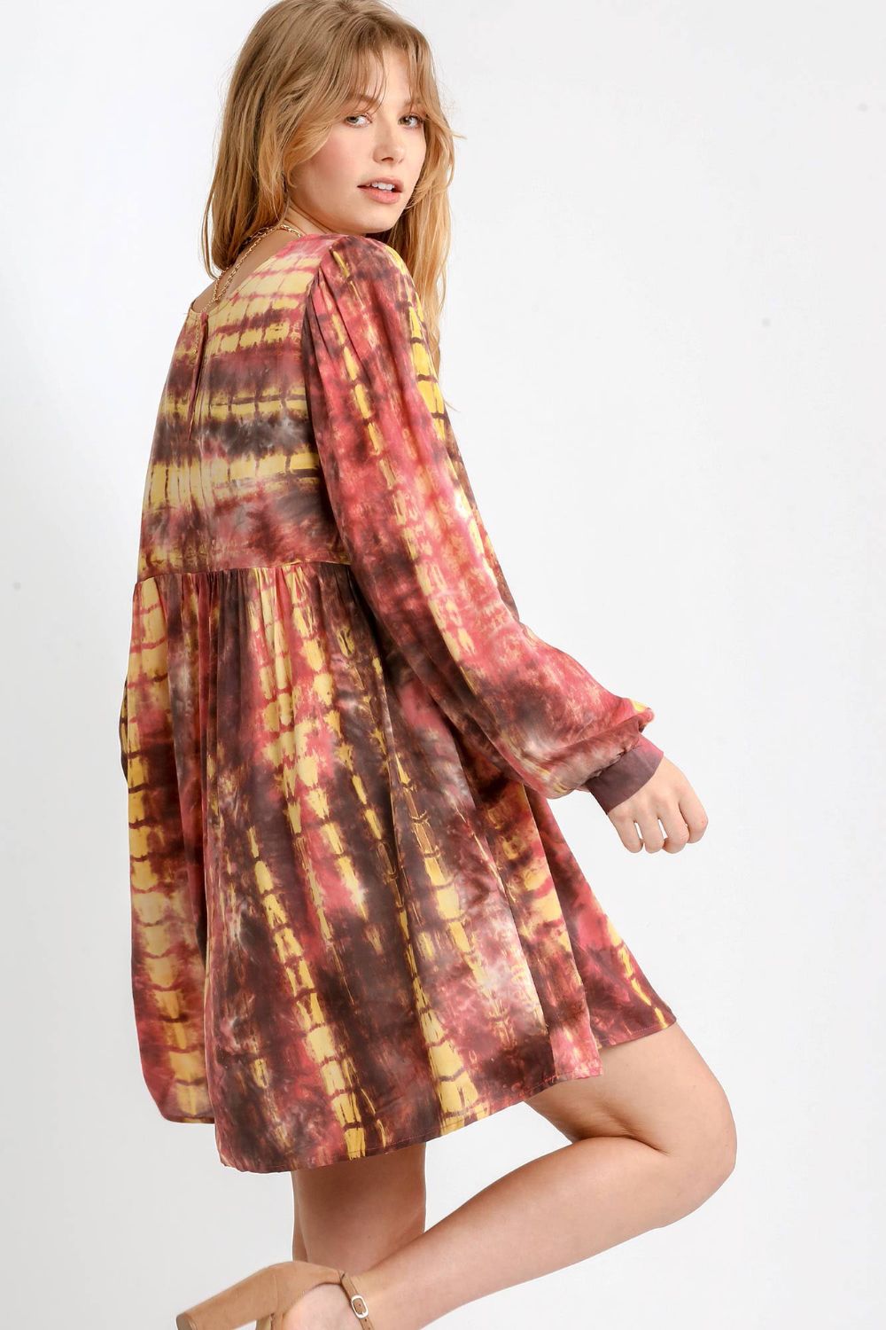 Umgee Full Size Tie Dye Long Sleeve Babydoll Dress with Keyhole Plus