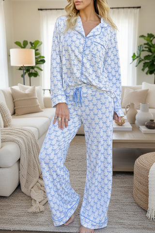 Blue bow print pajama set button front top and pants front view