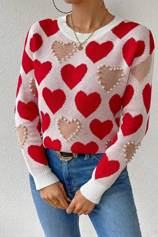 Round Neck Heart Shape Pearl Beads Knit Sweater by Jade Icarus