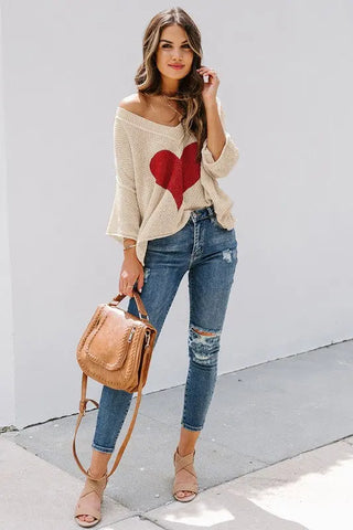 Heart Knit Sweater - Women's V-Neck Romantic Sweater in Khaki Beige by Jade Icarus
