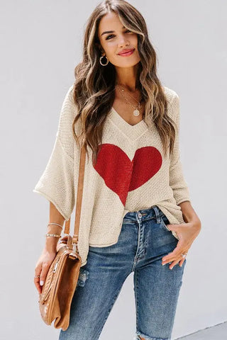 Heart Knit Sweater - Women's V-Neck Romantic Sweater in Khaki Beige by Jade Icarus