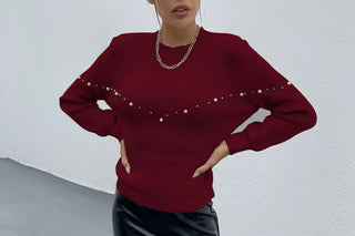 Red Essence Pearls Beaded Sweater - Women's Romantic Pearl Embellished Sweater by Jade Icarus