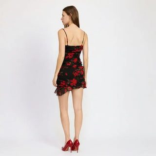 Ruched Asymmetrical Neck Dress with Ruffle Detail - Floral Mini Dress by Jade Icarus