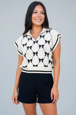 Preppy Vibes Bow Print Zipped Collar Sweater - Cute Knit Top by Jade Icarus