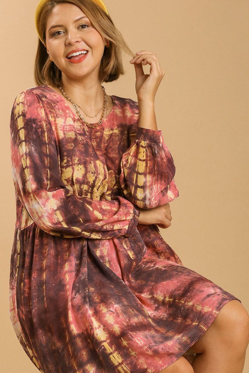 Umgee Full Size Tie Dye Long Sleeve Babydoll Dress with Keyhole Plus