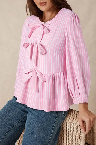 Stripe Bowknot Front Crew Neck Puff Sleeve Blouse by Jade Icarus