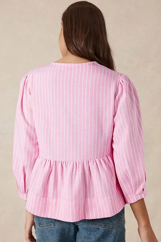 Stripe Bowknot Front Crew Neck Puff Sleeve Blouse by Jade Icarus