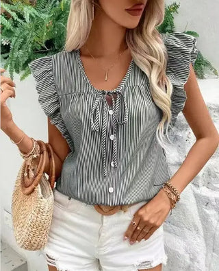 Striped ruffle tie front blouse by Jade Icarus