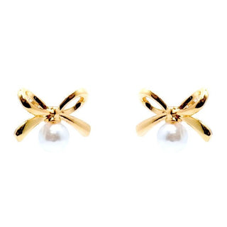 Bow Ribbon w Faux Pearl Stud Earrings