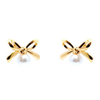 Bow Ribbon w Faux Pearl Stud Earrings