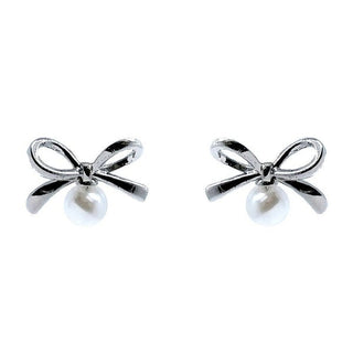 Bow Ribbon w Faux Pearl Stud Earrings