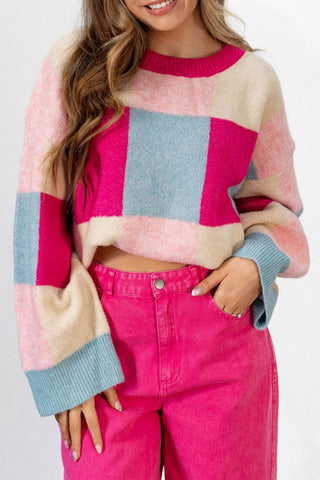 Rose Pink Colorblock Cropped Sweater