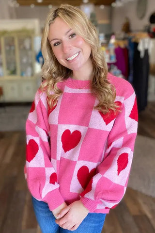 Love Heart Checkered Valentine Crew Neck Sweater - Women's Romantic Sweater by Jade Icarus
