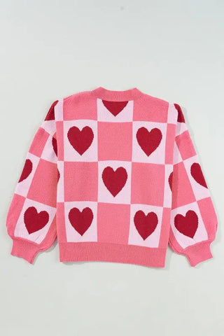 Love Heart Checkered Valentine Crew Neck Sweater - Women's Romantic Sweater by Jade Icarus