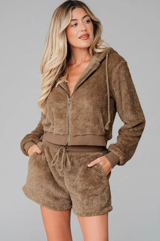 Sherpa Hoodie and Drawstring Shorts Set - Kayes+Kloset