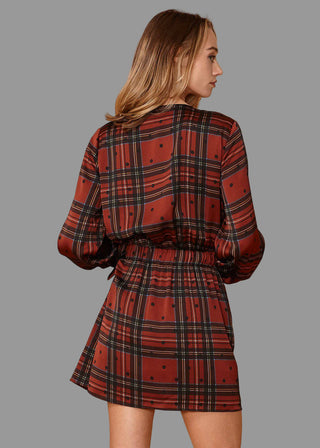 Plaid-polkadot Mini Wrap Dress in Brick