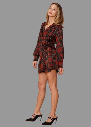 Plaid-polkadot Mini Wrap Dress in Brick