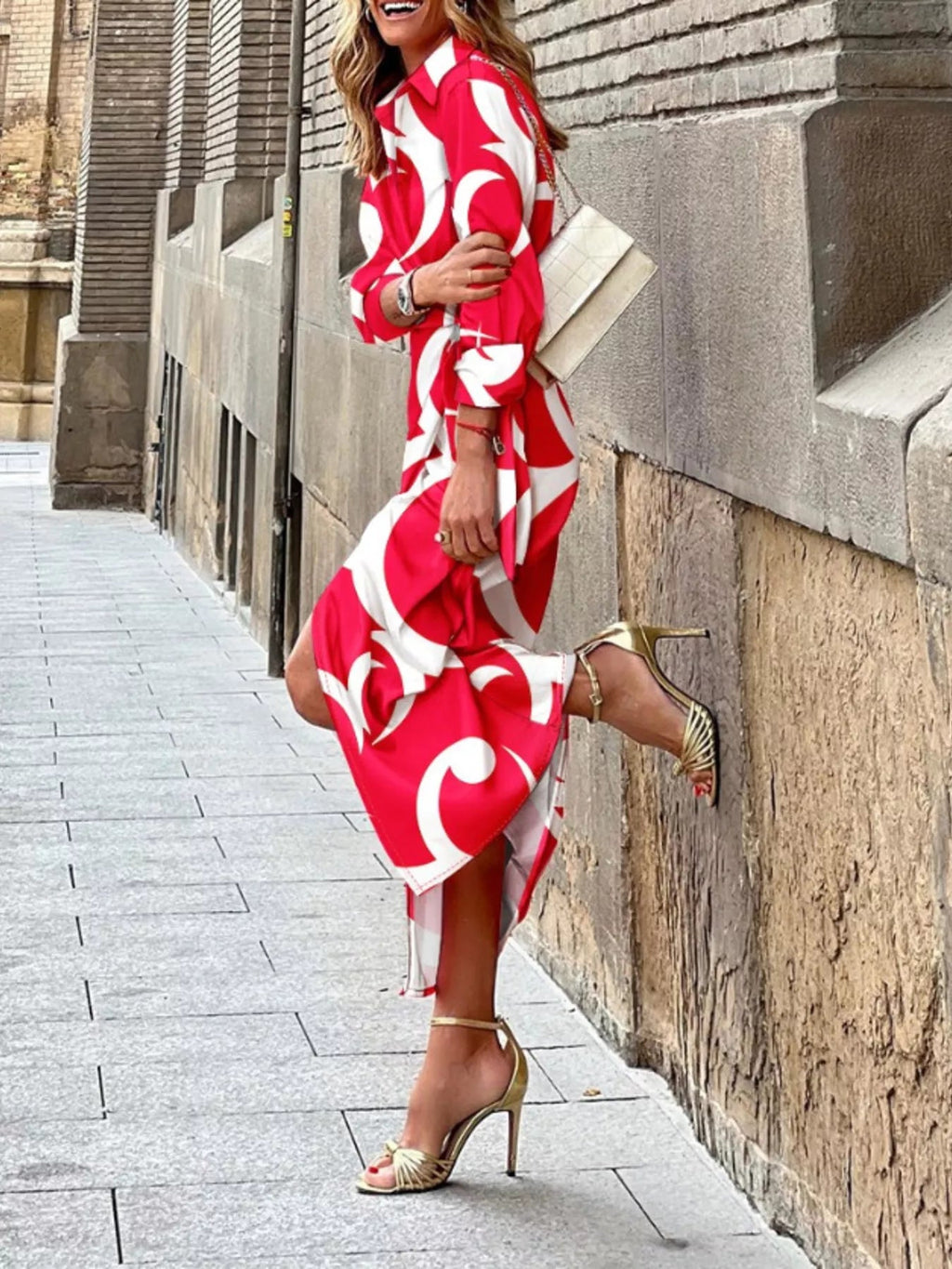 Printed Collared Neck Shirt Dress
