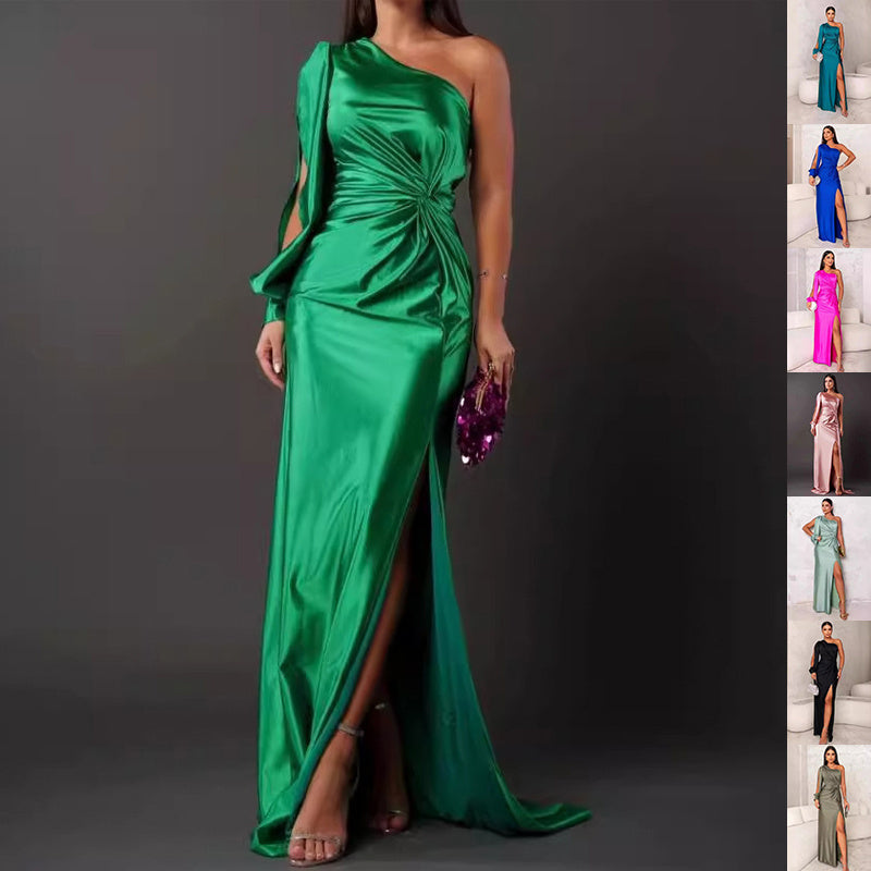 Women's One-shoulder Split Dress Ins Fashion Long-sleeved Slim Long