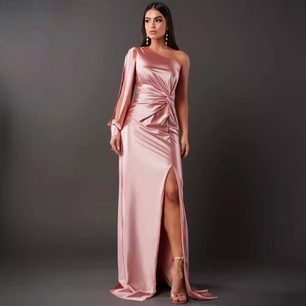 Women's One-shoulder Split Dress Ins Fashion Long-sleeved Slim Long