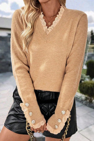 Solid Crew Neck Lace Trim Button Pullover Sweater by Jade Icarus