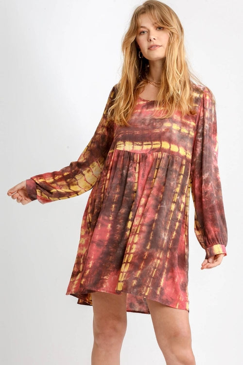 Umgee Full Size Tie Dye Long Sleeve Babydoll Dress with Keyhole Plus