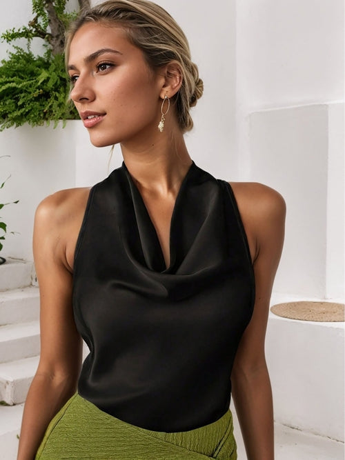 Women Solid Color Swing Collar Sleeveless Vest Trendy Elegant Shirt