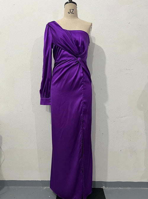 Women's One-shoulder Split Dress Ins Fashion Long-sleeved Slim Long