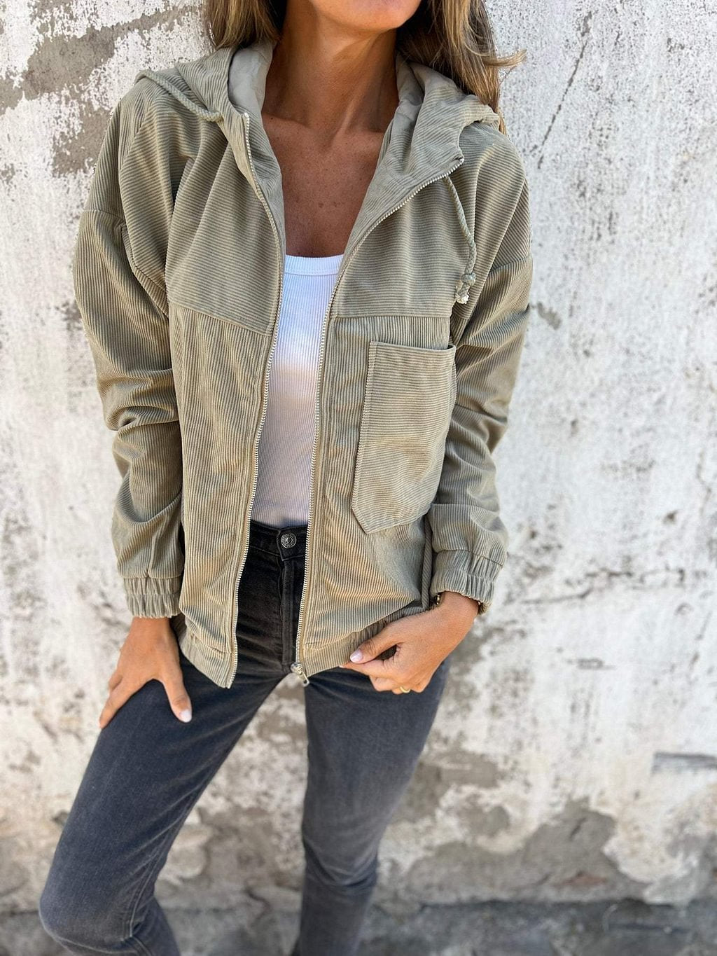 Corduroy Hooded Zip-up Jacket With Pockets Fashion Casual Drawstring