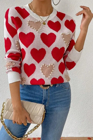 Round Neck Heart Shape Pearl Beads Knit Sweater by Jade Icarus