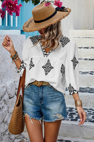 Printed T Shirt V Neck Loose Puff Sleeves Shirts by Jade Icarus