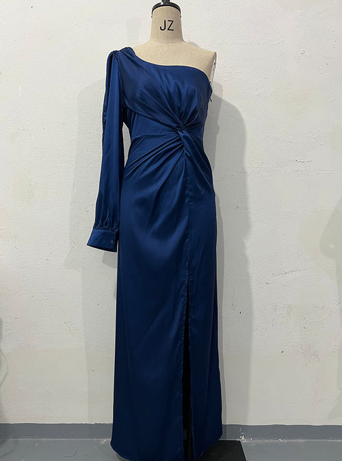 Women's One-shoulder Split Dress Ins Fashion Long-sleeved Slim Long