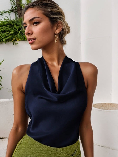 Women Solid Color Swing Collar Sleeveless Vest Trendy Elegant Shirt