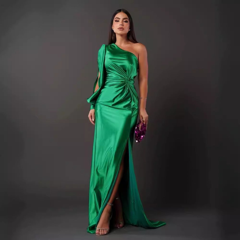 Women's One-shoulder Split Dress Ins Fashion Long-sleeved Slim Long