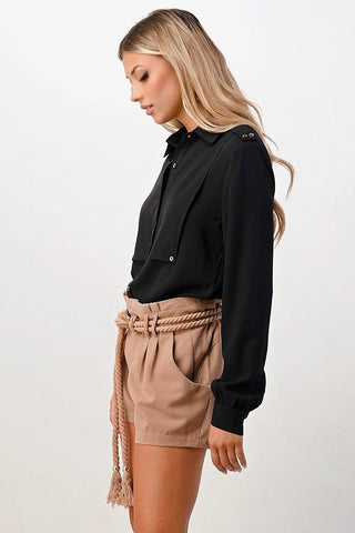 Long Sleeve Button-Down Blouse with Gold Button Accents - Military Inspired Top by Indigo Arrowwood