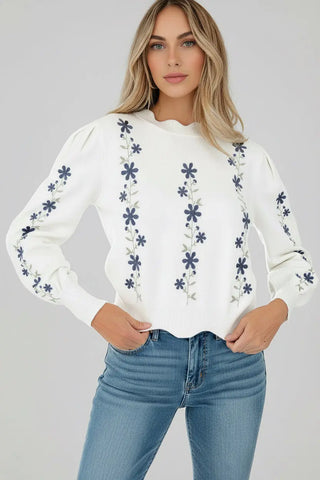 Floral Embroidered Scallop Hem Sweater by Jade Icarus