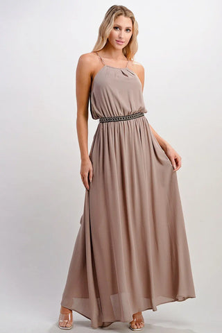Halter Neck Maxi Dress with Beaded Waist Detail by Indigo Arrowwood