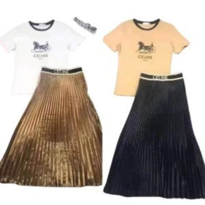Chic Two Pieces Set Long Pleated Skirt & T-Shirt Set