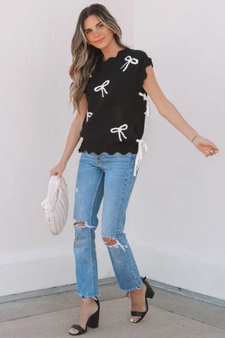 Dayana Bow Print Side Ties Sweater Top by Jade Icarus