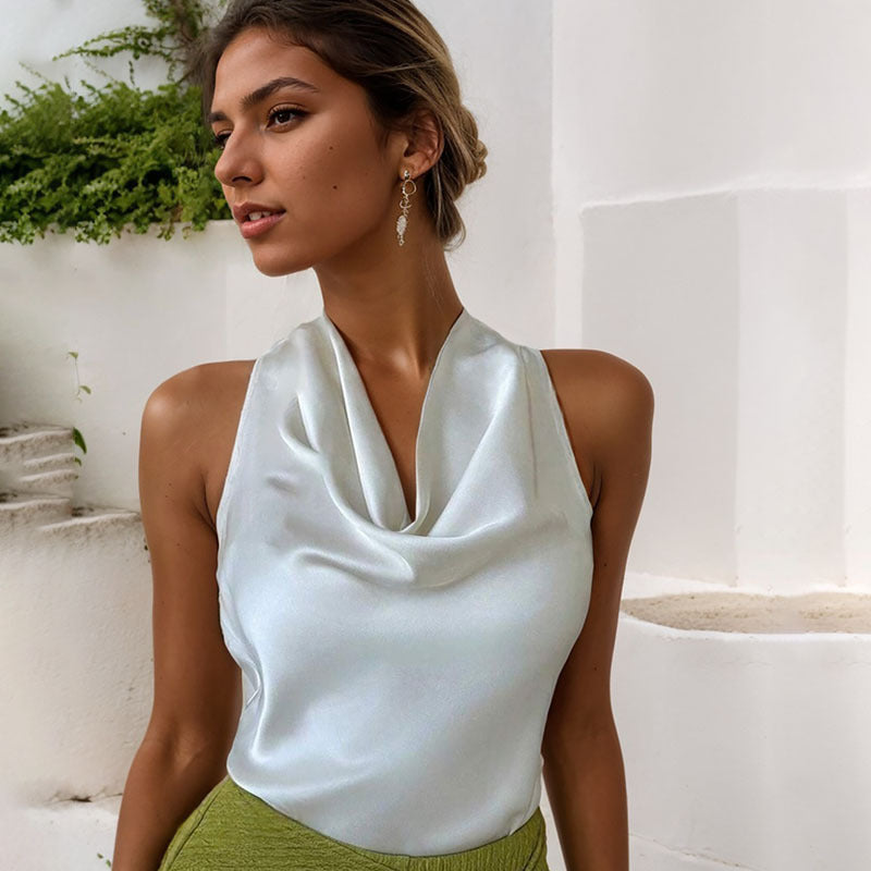 Women Solid Color Swing Collar Sleeveless Vest Trendy Elegant Shirt